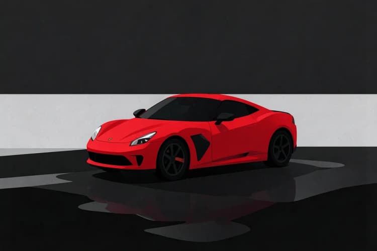 Um carro esportivo vermelho com detalhes em preto, em um fundo escuro e desfocado.