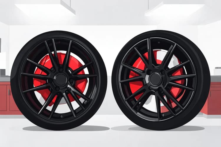 Um conjunto de rodas esportivas pretas com detalhes vermelhos, em close-up.