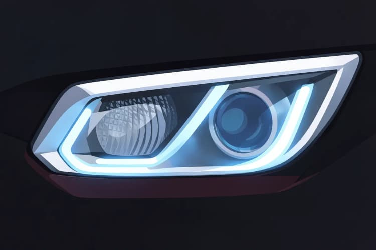 Um farol de carro moderno com luzes LED azuis brilhantes.