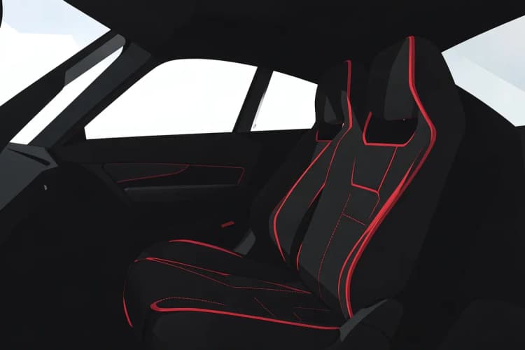 Interior de um carro esportivo com bancos de couro pretos e costura vermelha.