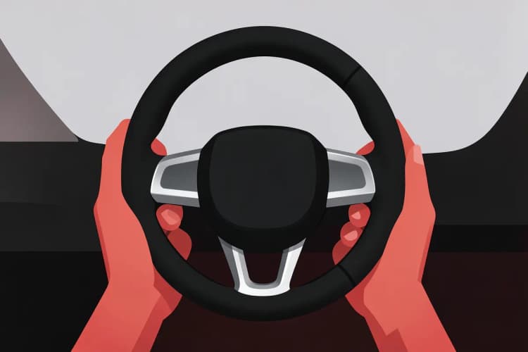 Um volante esportivo de couro preto com detalhes em metal escovado.