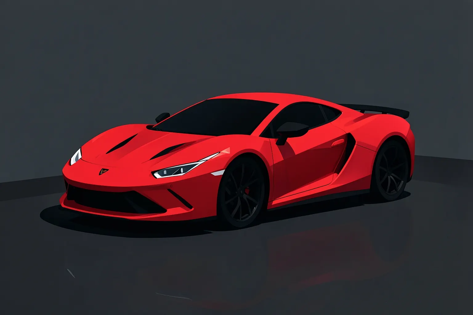 Um carro esportivo vermelho com detalhes em preto, em um fundo escuro e desfocado.