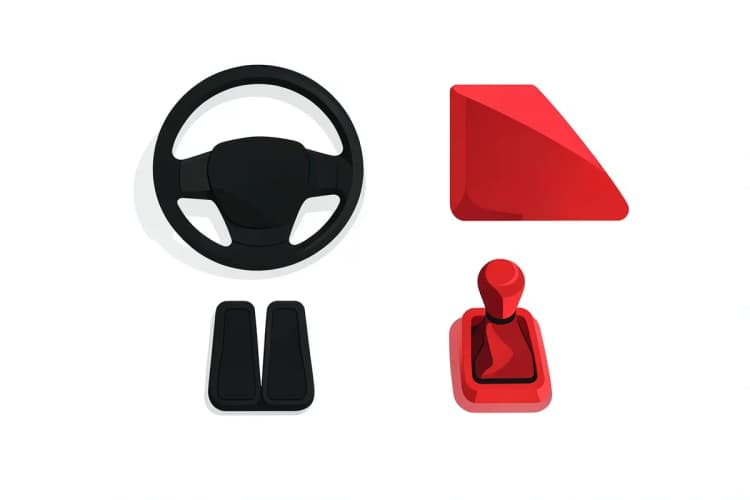 Conjunto de acessórios esportivos para carro, incluindo volante, pedais e manopla de câmbio, em um fundo branco.