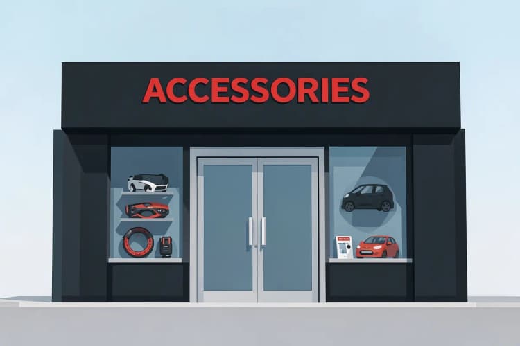 Fachada de uma loja de acessórios automotivos com a palavra "ACESSÓRIOS" em destaque.