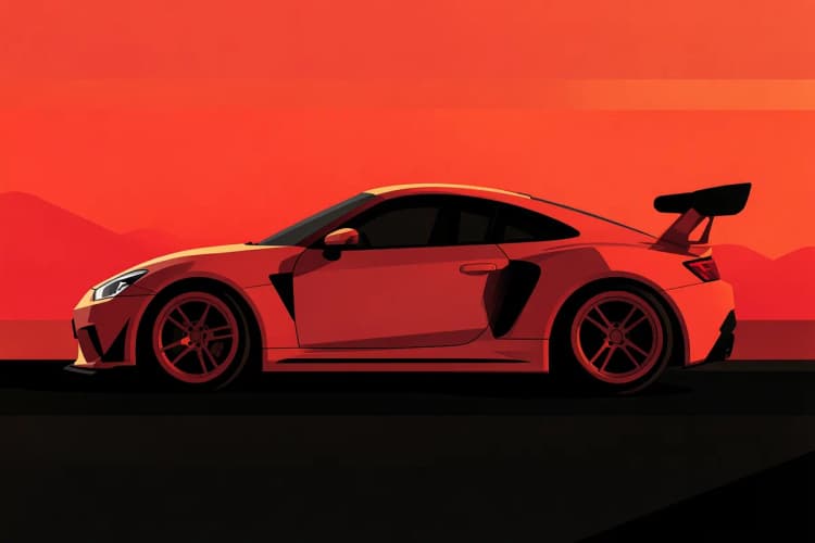 Carro esportivo modificado com rodas grandes e aerofólio, em uma estrada ao pôr do sol.
