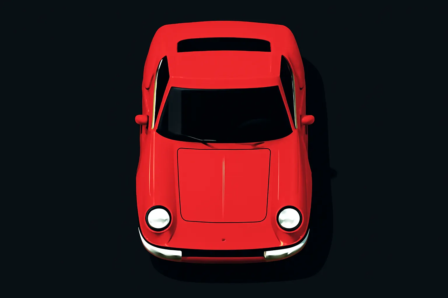 Vista aérea de um carro esportivo vermelho com acessórios cromados em um fundo branco.