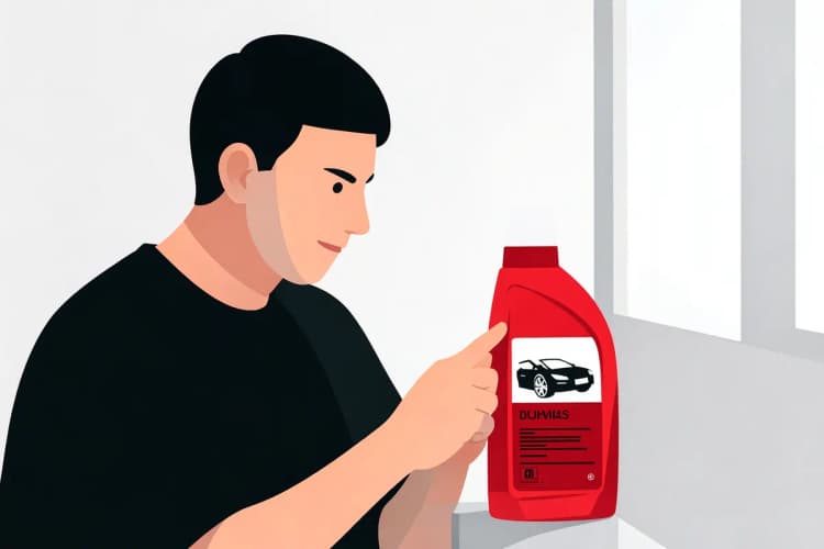 Pessoa verificando a etiqueta de um produto de limpeza automotiva antes de usar.