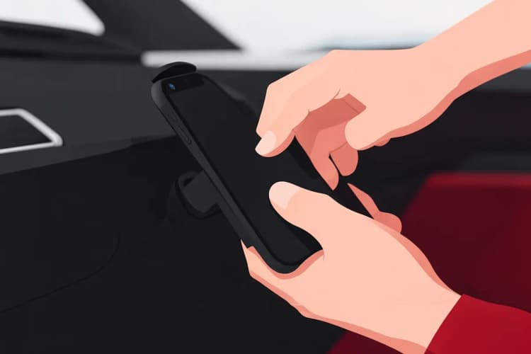 Um motorista coloca um celular em um suporte no painel do carro.