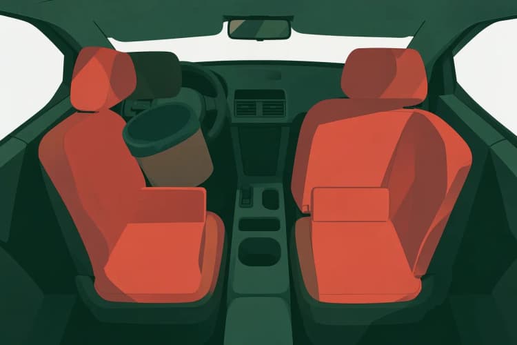 Vista aérea de um carro com diversos acessórios de organização e conforto para motoristas de aplicativo.