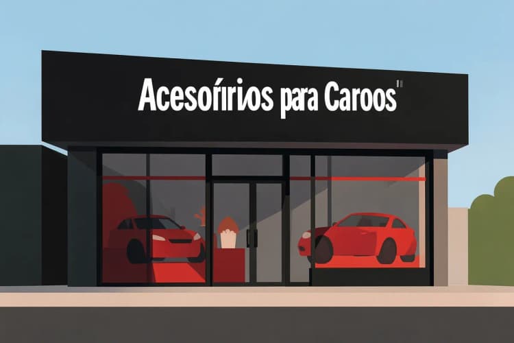 Fachada de uma loja de acessórios automotivos com a placa "Acessórios para Carros".