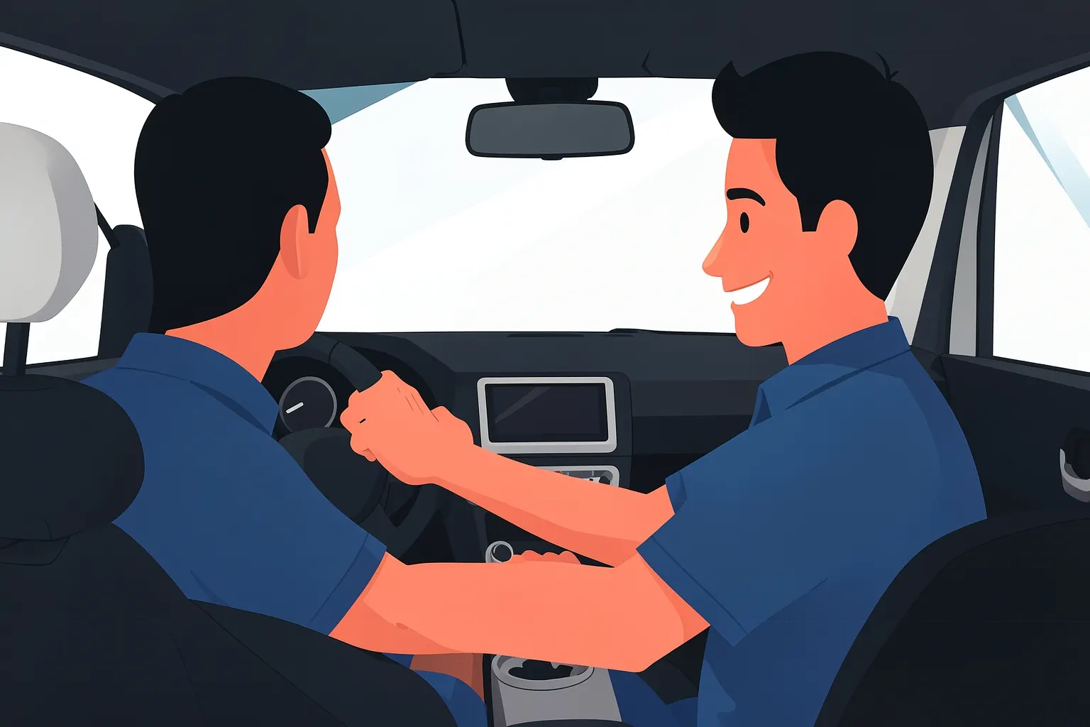 Um motorista sorridente dirige um carro com vários acessórios visíveis no painel e no banco do passageiro.