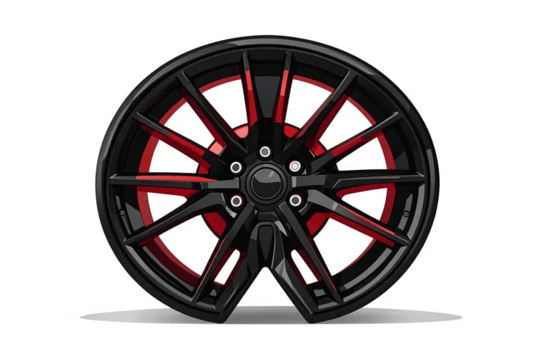 Um conjunto de rodas de liga leve pretas e brilhantes com detalhes em vermelho, em close-up, mostrando o design intrincado.