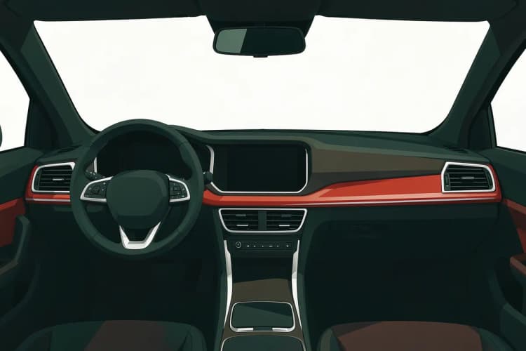 Um painel de carro moderno com acabamento em madeira e detalhes em metal escovado, em plano médio, com luz suave vinda de cima.