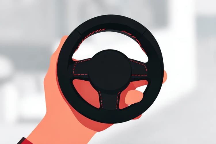 Uma mão segurando um pequeno volante esportivo de couro preto com costura vermelha, em close-up, com fundo desfocado.