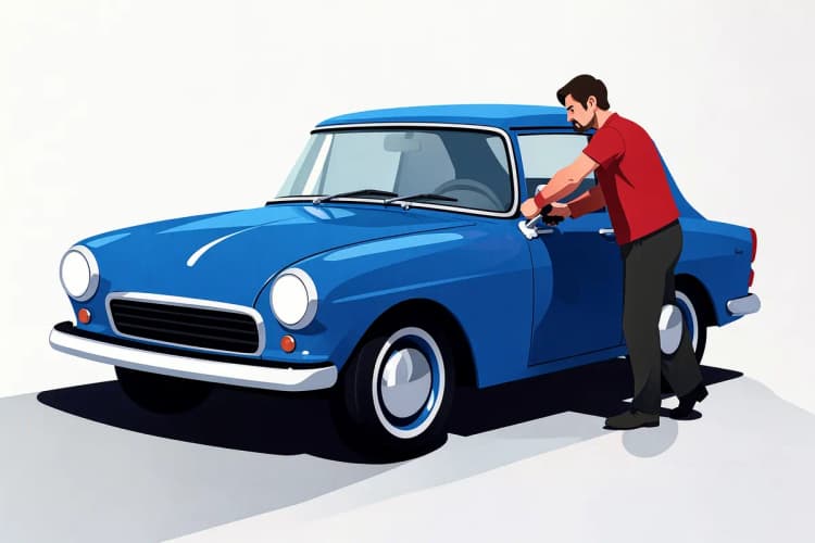 Um carro clássico azul sendo polido por uma pessoa, em plano geral, com luz do sol brilhante incidindo sobre a pintura.