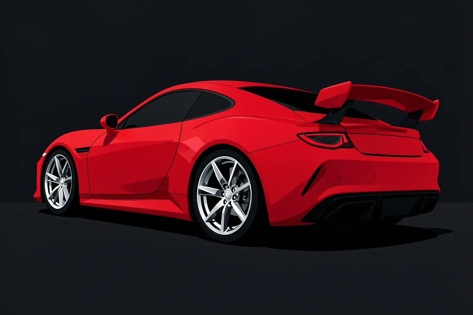 Um carro esportivo vermelho com rodas cromadas e um spoiler traseiro, visto de um ângulo baixo em um estúdio com iluminação dramática.