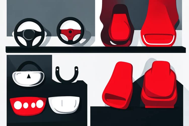 Diversos acessórios automotivos organizados em prateleiras, como volantes, faróis e capas de banco.