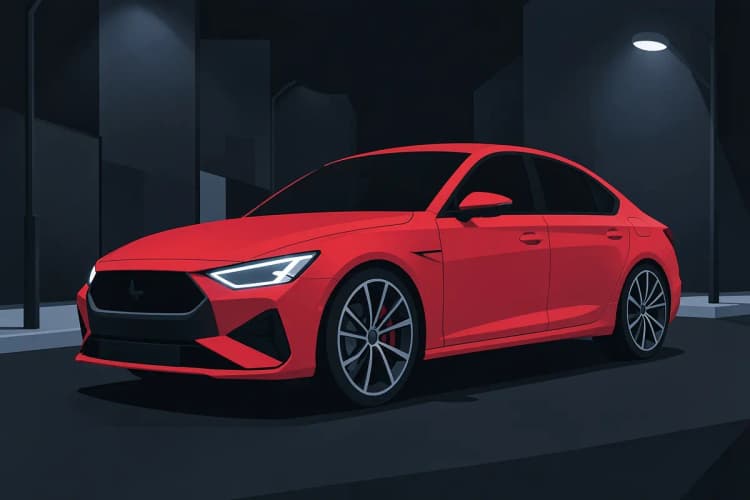 Um carro sedan moderno com rodas esportivas e detalhes em LED, estacionado em uma rua urbana à noite.