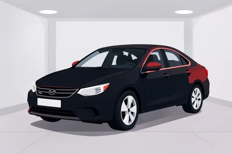 Um carro limpo e polido com acessórios discretos, pronto para ser vendido em uma concessionária.