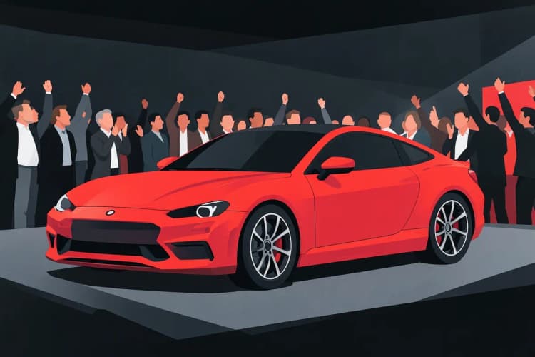 Um carro customizado com pintura vibrante e rodas exclusivas, em exposição em um evento automotivo.