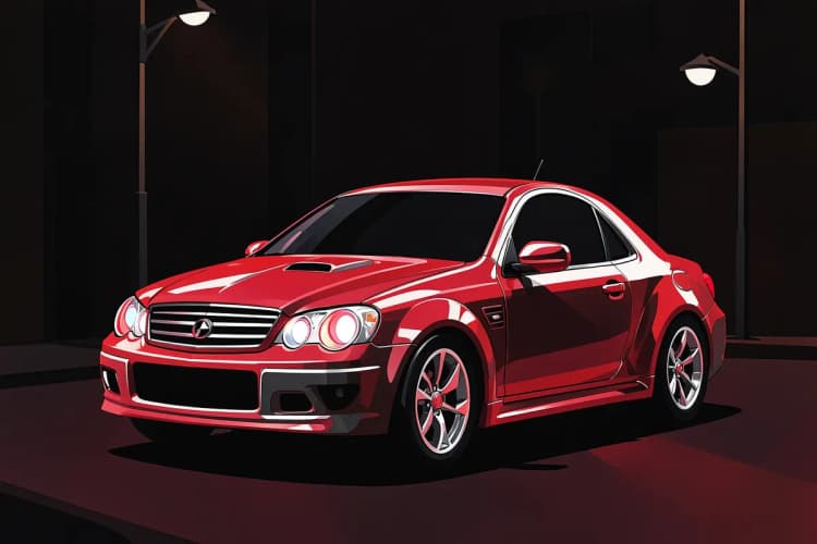 Um carro com excesso de acessórios cromados e luzes neon, em um ambiente urbano.