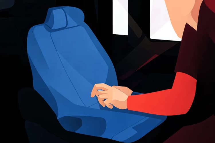 Pessoa colocando uma capa de banco de carro azul em um assento, plano médio, luz natural vinda da janela