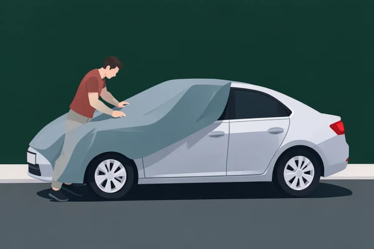 Homem colocando uma capa protetora em um carro sedan na rua durante o dia