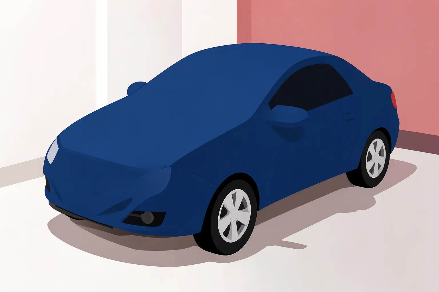 Carro sendo coberto por uma capa protetora azul em uma garagem interna