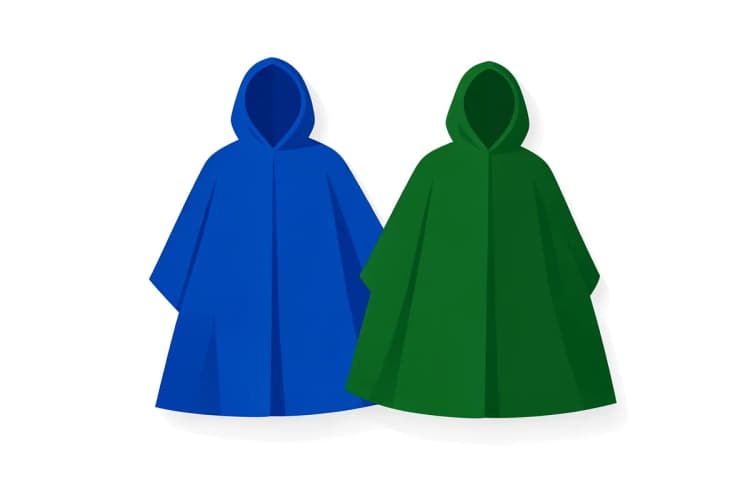 Duas capas de chuva, uma azul e uma verde, lado a lado sobre um fundo branco