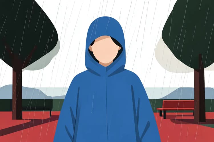 Uma pessoa vestindo uma capa de chuva azul em um parque chuvoso