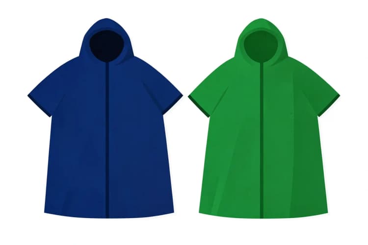 Uma capa de chuva azul e uma capa de chuva verde lado a lado em um fundo branco