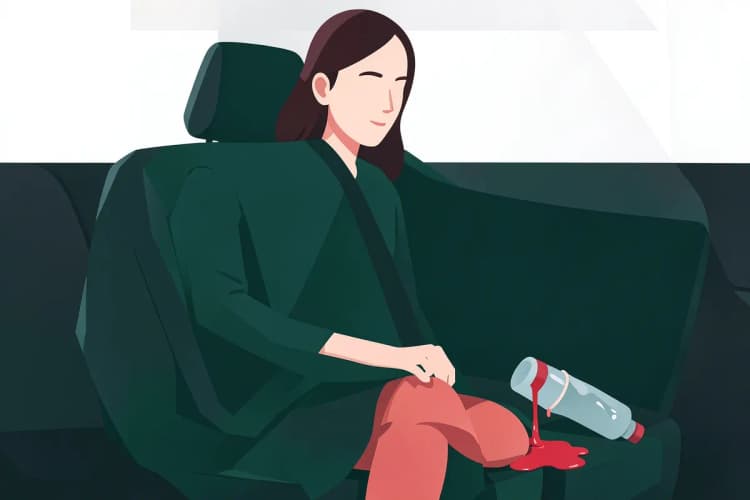 Mulher sentada em um banco de carro com capa impermeável, com uma garrafa de água derramada ao lado.