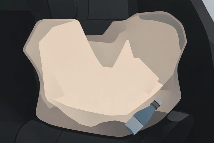 Banco de carro com capa protetora de cor bege, com uma garrafa de água tombada ao lado, sem derramar líquido no banco.