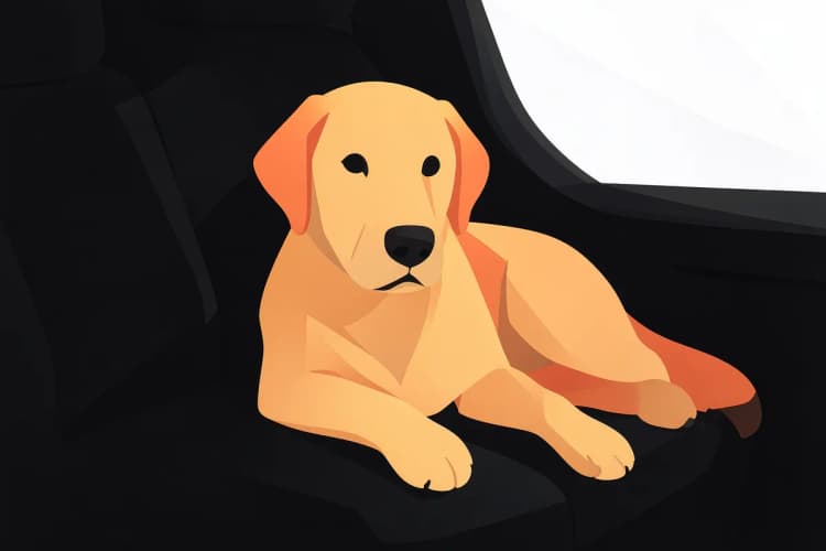 Cachorro golden retriever deitado confortavelmente em uma capa de banco de carro, com as patas dianteiras esticadas.