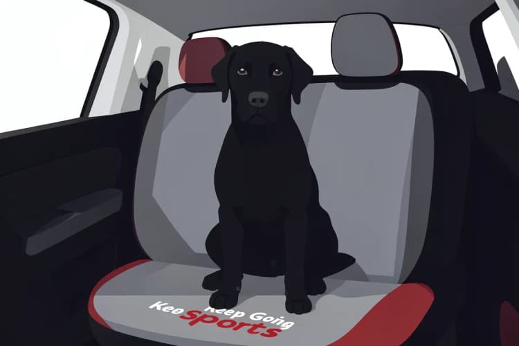 Cachorro labrador preto sentado em uma capa de banco de carro cinza da marca Keep Going Sports.