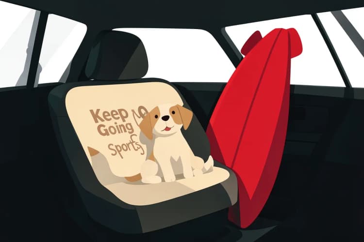 Capa de banco de carro para cachorro bege da Keep Going Sports, com um cachorro pequeno e uma prancha de surf ao lado, pronta para um dia de praia.