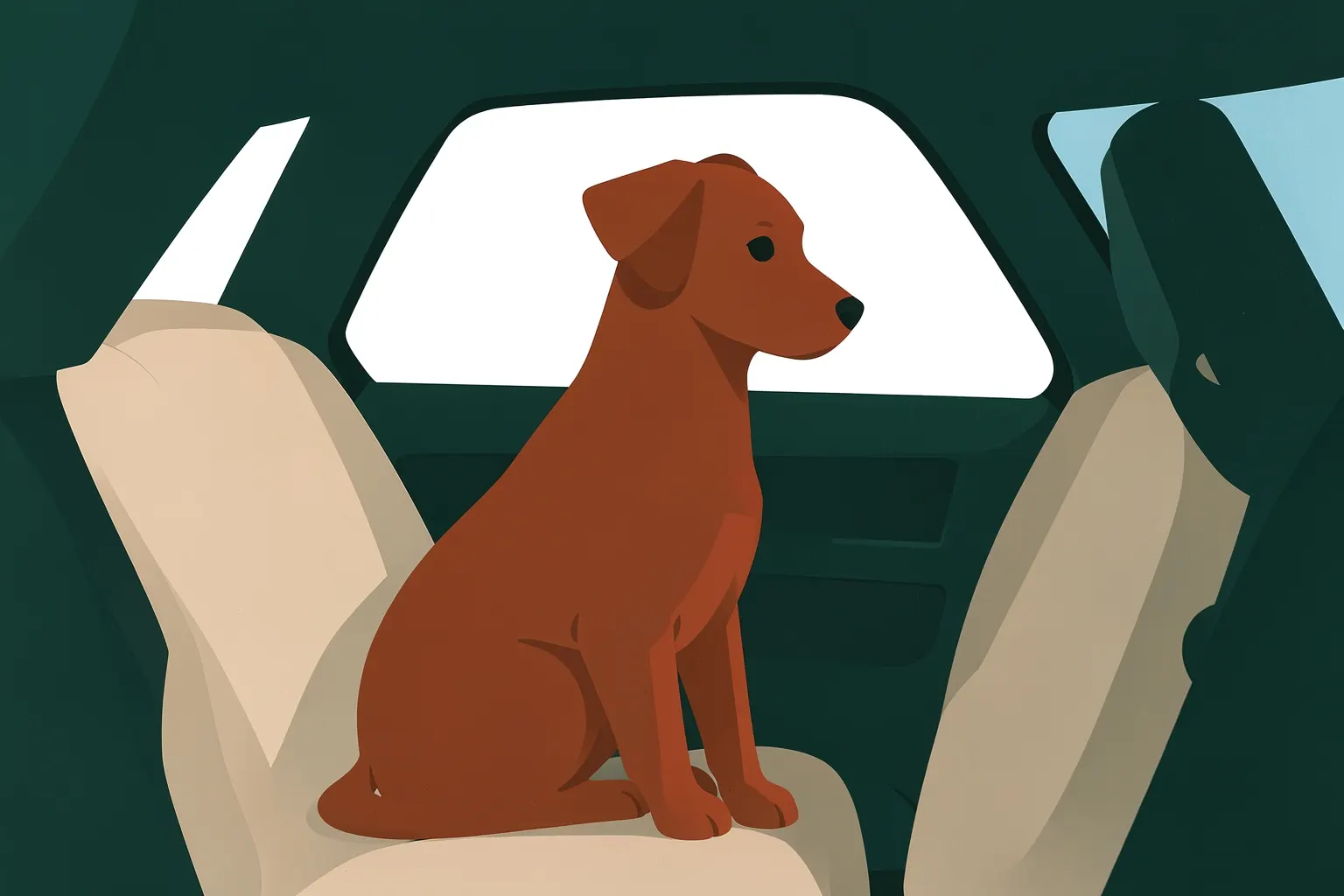 Capa protetora para banco de carro com um cachorro caramelo sentado nele, com vista para a estrada.