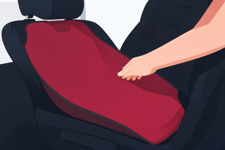 Mão colocando uma capa de banco de carro sobre um assento de carro.