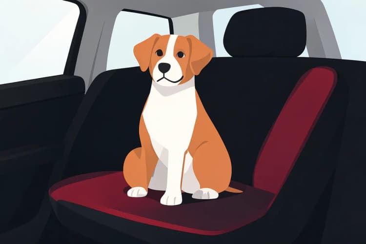 Um cachorro de porte médio sentado confortavelmente em uma capa de banco de carro impermeável, com o banco do carro visível ao redor.