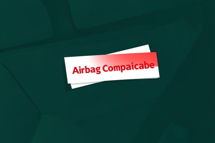 Detalhe de uma capa de banco de carro com etiqueta indicando compatibilidade com airbag.