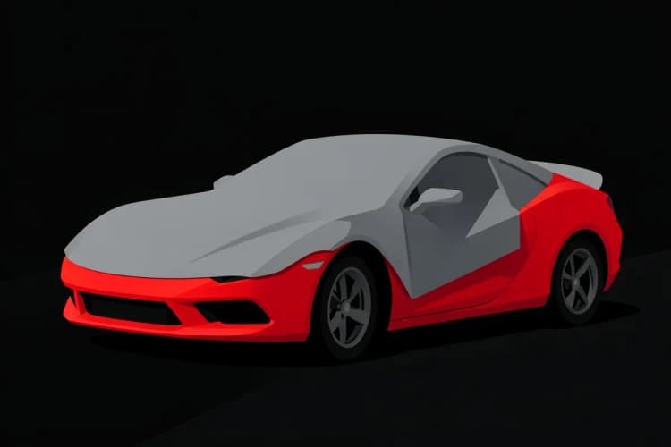 Capa de carro cinza cobrindo um carro esportivo vermelho sob luz solar direta