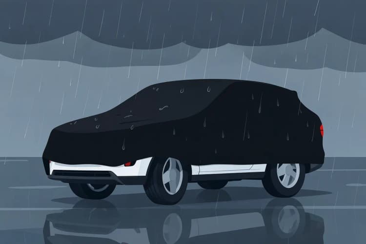 Capa de carro preta protegendo um SUV branco da chuva forte