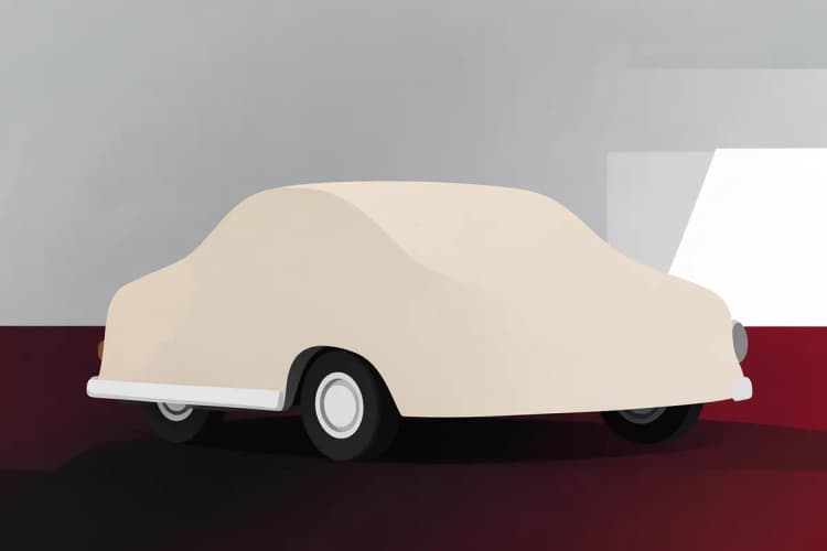 Capa de carro bege cobrindo um carro antigo em um dia nublado