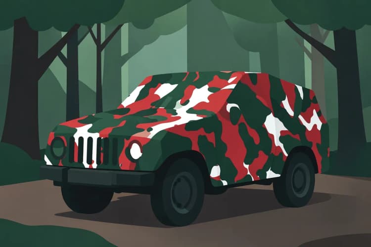 Capa de carro com estampa de camuflagem cobrindo um jipe em um ambiente externo