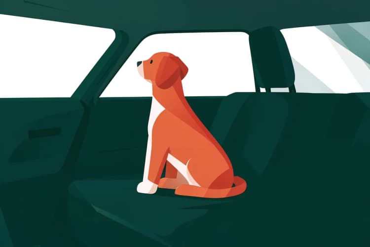 Cachorro sentado no banco do carro com capa protetora, protegendo o estofado.