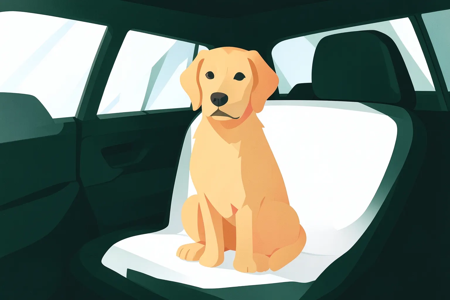Capa protetora para carro pet em uso, com um cachorro golden retriever sentado confortavelmente no banco de trás.