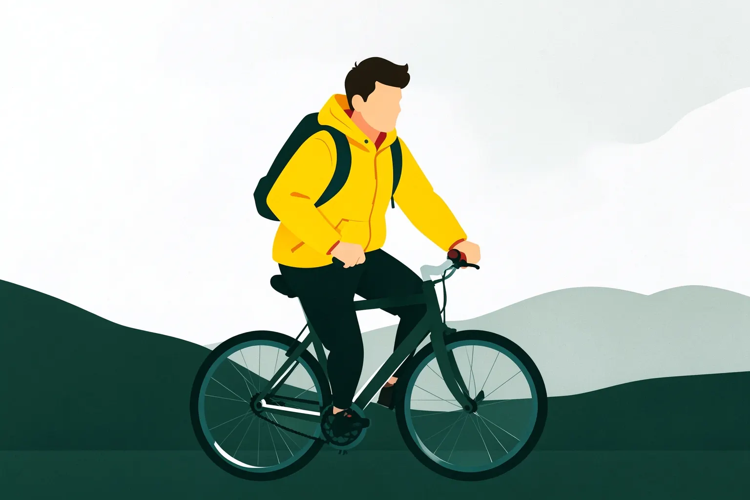 Homem de bicicleta com mochila nas costas e capa de chuva amarela