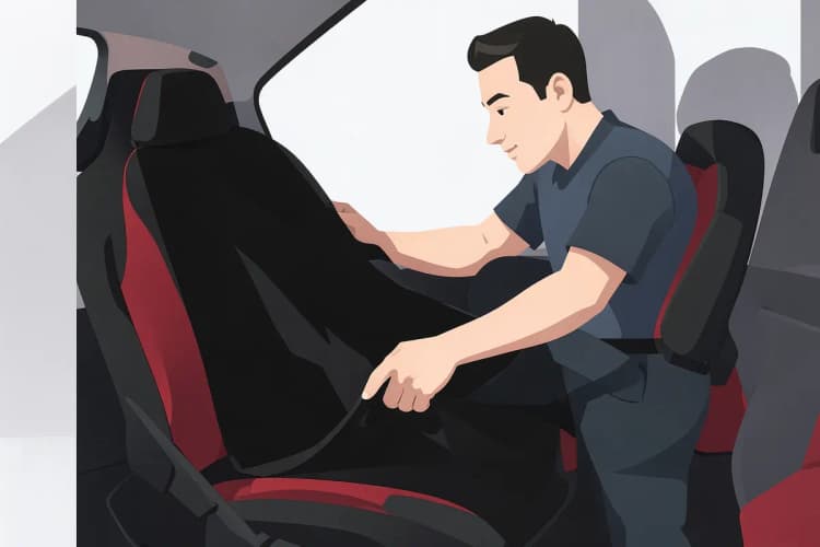 Homem instalando capa esportiva preta em banco de carro.