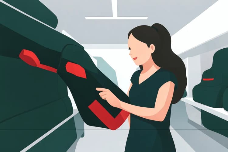 Mulher escolhendo capa esportiva para banco de carro em loja.