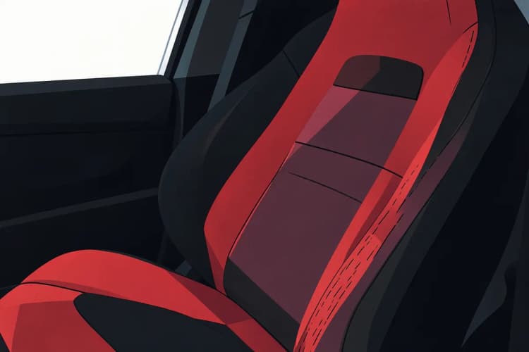 Banco de carro com capa esportiva preta e detalhe em vermelho.
